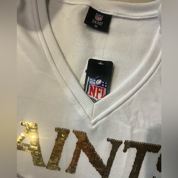Women's Cuce White New Orleans Saints Sequin Fleece V-Neck T-Shirt Size M - Picture 3 of 4
